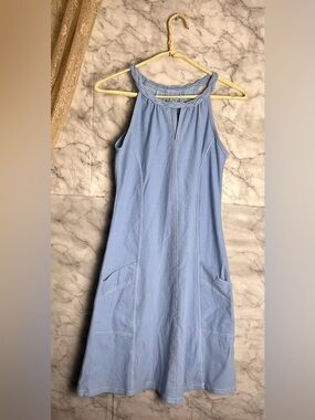 Laura H Hlavac Dusty Blue XS High Neck Twist Braid Keyhole Pocket Dress Mini